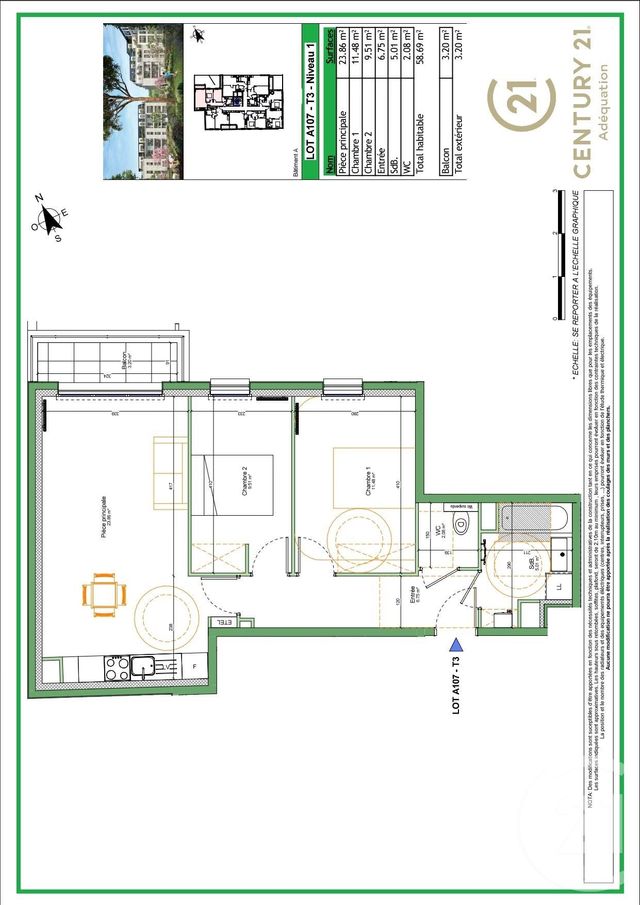 Appartement F2 à vendre - 3 pièces - 58.69 m2 - NOISY LE GRAND - 93 - ILE-DE-FRANCE - Century 21 Adéquation